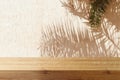 Empty wooden table over wall with palm tree shadow background. Summer picnic mock up for design and product display Royalty Free Stock Photo