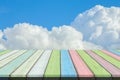 Empty wooden table or plank with blue sky and cloud background. Royalty Free Stock Photo