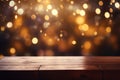 Empty wooden table platform and blurred background bokeh of at bar restaurant at night