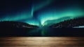 Empty wooden table with podium for product display background, mock up with beautiful northern lights behind, AI generated