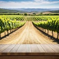 An empty wooden table for product Blurred french vineyard in the Royalty Free Stock Photo