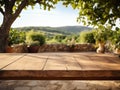 An empty wooden table for product display. Blurred french vineyard in the background. AI Royalty Free Stock Photo