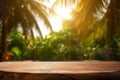 Empty wooden table for product display with blurred tropical background. Ai generative