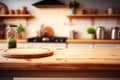 Empty wooden table for product placement over blurred kitchen background. Generative ai Royalty Free Stock Photo