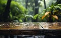 Empty wooden table in the rainy tropical forest with blurred background Royalty Free Stock Photo