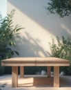 Empty wooden table for sitting and eating in the garden Royalty Free Stock Photo