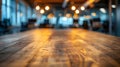 An empty wooden table is situated in a spacious room with a vacant office desk in the background. Generative AI Royalty Free Stock Photo