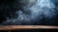 empty wooden table with smoke float up on dark background Royalty Free Stock Photo