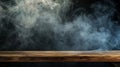 empty wooden table with smoke float up on dark background . Generative Ai Royalty Free Stock Photo