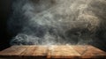 empty wooden table with smoke float up on dark background . Generative Ai