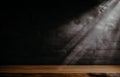 empty wooden table with smoke float up on dark background Empty Space for display your products,.empty wooden table with smoke Royalty Free Stock Photo