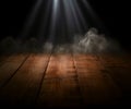 empty wooden table with smoke float up on dark background Empty Space for display your products,.empty wooden table with smoke Royalty Free Stock Photo