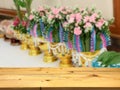 Empty wooden table space platform and blurred Engagement ceremony background for product display montage