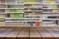 Empty wooden table space platform and blurred Supermarket aisle Royalty Free Stock Photo