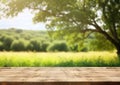 Empty wooden table with summer green forest park background.Macro.AI Generative Royalty Free Stock Photo