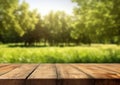 Empty wooden table with summer green forest park background.Macro.Ai Generative Royalty Free Stock Photo