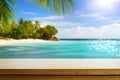 Art Empty wooden table on sunny blurred tropical bar background. Outdoor party mockup for design and product display