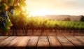 Empty wooden table with sunny vineyard background Royalty Free Stock Photo