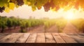 Empty wooden table, sunny vineyard background Royalty Free Stock Photo