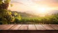 Empty wooden table with sunny vineyard background Royalty Free Stock Photo