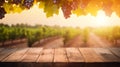 Empty wooden table with sunny vineyard background Royalty Free Stock Photo