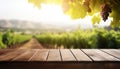 Empty wooden table, sunny vineyard background Royalty Free Stock Photo
