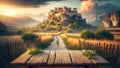 empty wooden table surface foregrounds a breathtaking view of Greece