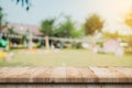 Empty wooden table top and Abstract blurred light bokeh and blur background of garden trees in sunlight. product display template Royalty Free Stock Photo