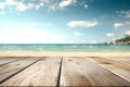 Empty wooden table top against blurred sea and sky. The background can be used for mounting or displaying your products. Royalty Free Stock Photo