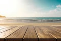 Empty wooden table top against blurred sea and sky. The background can be used for mounting or displaying your products. Royalty Free Stock Photo