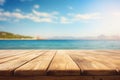 Empty wooden table top against blurred sea and sky. The background can be used for mounting or displaying your products. Royalty Free Stock Photo