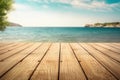 Empty wooden table top against blurred sea and sky. The background can be used for mounting or displaying your products. Royalty Free Stock Photo