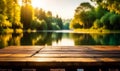 The empty wooden table top with blur background of summer lake and green forest. Royalty Free Stock Photo