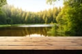 The empty wooden table top with blur background of summer lakes green forest Royalty Free Stock Photo