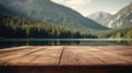 The empty wooden table top with blur background of summer lakes mountain. Exuberant image Royalty Free Stock Photo