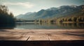 The empty wooden table top with blur background of summer lakes mountain. Exuberant image Royalty Free Stock Photo