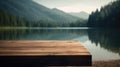 The empty wooden table top with blur background of summer lakes mountain. Exuberant image Royalty Free Stock Photo