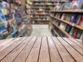 Empty wooden table top with Blur bookshelves in bookstore background. An empty tabletop in a library Royalty Free Stock Photo