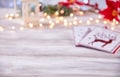 Empty table top with blur christmas lights background Royalty Free Stock Photo