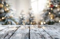 Empty wooden table top with blurred background of white and grey colors Royalty Free Stock Photo