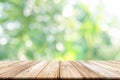 Empty wooden table top with blurred green garden background.