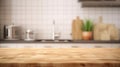 Empty Wooden Table Top on Blurred Kitchen Counter Background - Homey and Cozy. created with Generative AI Royalty Free Stock Photo