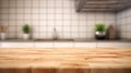 Empty Wooden Table Top on Blurred Kitchen Counter Background - Homey and Cozy. created with Generative AI Royalty Free Stock Photo