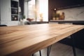 Empty wooden table top and blurred kitchen, dining room interior on the background. Copy space for your object, product Royalty Free Stock Photo