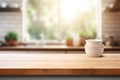 Empty wooden table top and blurred kitchen interior on the background. Copy space for your object, product, food Royalty Free Stock Photo