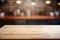 Empty wooden table top and blurred kitchen interior on the background. Copy space for your object, product, food Royalty Free Stock Photo