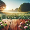 Empty wooden table top with blurred nature background. Meadow with clover flowers and leaves, blue sky in calm sunny day Royalty Free Stock Photo