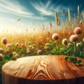 Empty wooden table top with blurred nature background. Meadow with clover flowers and leaves, blue sky in calm sunny day Royalty Free Stock Photo