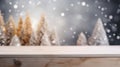 Empty wooden table top with Christmas tree string light blur background with snow, Generative AI. Royalty Free Stock Photo