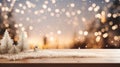 Empty wooden table top with Christmas tree string light blur background with snow. Generative AI. Royalty Free Stock Photo